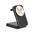 A black 3-in-1 wireless charger with a round top featuring a colourful design and a sturdy base.