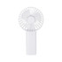 A portable white fan with a circular design and a handle. It includes a small logo on the side.