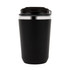 A double wall coffee cup in sleek black with a stainless steel band and a black lid, featuring a logo.