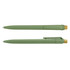 A green recycled plastic pen with a wooden clip and tip, featuring a logo. Two pens are displayed at different angles.