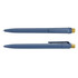 A blue recycled plastic pen with a yellow cap and clip, featuring a simple design and smooth writing tip.