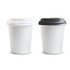 Two paper coffee cups, one with a white lid and one with a black lid, both in a plain white design.