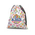 A medium satin gift bag featuring a colourful heart pattern and a sweets logo, with a drawstring closure.