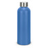 A drink bottle made of recycled aluminium in a vibrant blue colour with a stainless steel cap and a logo.