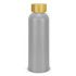 A drink bottle in a sleek grey finish with a wooden-style lid. It features a simple design and has a logo.