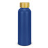 A drink bottle made of recycled aluminium, featuring a deep blue body and a wooden-style lid. Includes a logo.