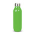A drink bottle in bright green with a stainless steel cap and a smooth, glossy finish. It features a logo.