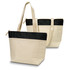 A cotton cooler tote in cream with a black top section and long handles, featuring a zipper closure and a simple logo.