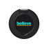 A black phone grip and stand with a colourful logo featuring the word "believe".