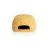 A yellow cap with a snapback closure and a plain black interior, featuring a logo on the back.
