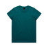 A teal T-shirt with a classic crew neckline and short sleeves, featuring a logo on the label.