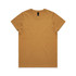 A short-sleeved, mustard yellow T-shirt with a simple design and a small logo on the tag.