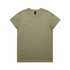 A plain olive green T-shirt with short sleeves and a round neckline, featuring a logo on the label.