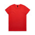 A red t-shirt with a round neckline and short sleeves, featuring a logo on the label.