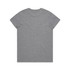A grey t-shirt with short sleeves and a plain back, featuring a logo.