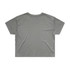 A grey crop tee featuring short sleeves and a relaxed fit, with a simple design and logo on the back.