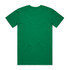 A green T-shirt with a round neckline and short sleeves, featuring a plain back and a logo.