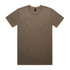 A plain brown T-shirt with a round neck and short sleeves, featuring a brand logo on the label.