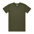A plain olive green T-shirt with short sleeves, featuring a standard crew neck and a logo on the inside label.