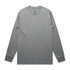 A grey long-sleeve T-shirt laid flat, featuring a simple design and a label inside the collar.