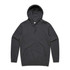 A grey hoodie featuring a front pocket and a drawstring hood, with a branded logo.