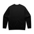 A black sweater with a crew neckline and long sleeves, featuring a plain back and a subtle logo.