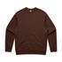 A brown sweater with long sleeves and a round neckline, featuring a logo on the inside label.