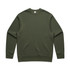 A green sweater with a crew neck and long sleeves, featuring a logo on the neckline.