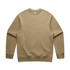 A beige sweater with a rounded neckline and long sleeves. The sweater has a logo on it.
