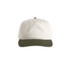 A two-tone cap featuring a white crown and an olive green brim. Includes a branding logo on the front.