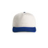 A two-tone cap featuring a white crown and a blue peak, with a logo on the front.