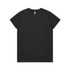 A black t-shirt with a round neckline and short sleeves, featuring a logo at the top.