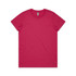A pink t-shirt with a round neckline and short sleeves, featuring a logo on the label.