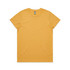 A yellow t-shirt featuring a crew neck design and a logo.