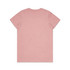 A pink T-shirt with a plain back and a simple design, featuring a branding logo.