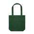 A green tote bag with two handles and a square shape. It features a branding logo on one side.