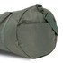 A green duffel bag featuring a zippered pocket and an adjustable strap. The bag is made of durable fabric.