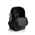 A black backpack with an open flap, featuring a silver drink bottle in a side pocket. It has a logo.