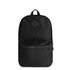 A black backpack featuring a front pocket, a hanging loop, and a logo on the front panel.