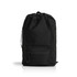 A black recycled rucksack featuring a drawstring closure and a front zip pocket, with a brand logo.