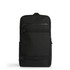 A black recycled strap backpack with multiple zippered pockets and adjustable straps. It features a logo.