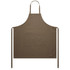 A brown canvas apron with a pocket and waist ties, featuring a branding logo.