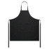 A black canvas apron with a large front pocket and adjustable straps. It features a logo on the fabric.