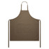 A brown canvas apron featuring a front pocket and adjustable ties at the neck and sides.