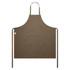 A brown canvas apron featuring a front pocket and neck ties. The apron has a branding label.