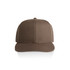 A brown cap with a flat brim and a solid structure, featuring a logo on the front.