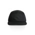 A black Finn Five Panel Cap with a structured design and a logo on the side.