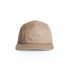 A light brown five-panel cap featuring a logo on the front and a curved brim.