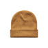 A mustard yellow cuff beanie with a folded brim, featuring a logo on the side.
