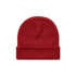 A red cuff beanie with a folded brim and a smooth texture. It features a branding logo.